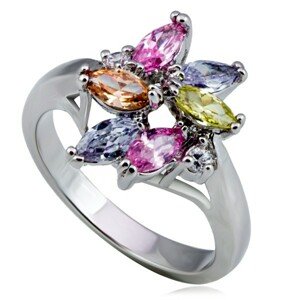 Fényes fém gyűrű - virág, színes könnycsepp- és kör alakú cirkóniák - Nagyság: 53
