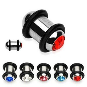 Plug - fülpiercing acélból, színes cirkónia, két fekete gumi - Vastagság: 6 mm , A cirkónia színe: Piros - R