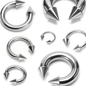 Nemesacél piercing, ezüst színű - patkó alakzat tüskékkel - Méret: 1,6 mm x 12 mm x 5x5 mm