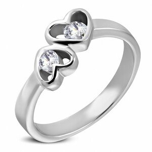 Ezüst színű acél gyűrű - kettős szív forma átlátszó cirkóniákkal - Nagyság: 49