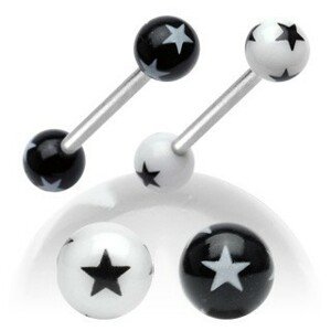 Acél piercing nyelvbe, fekete-fehér akril golyók csillagokkal - A piercing színe: Fekete - Fehér