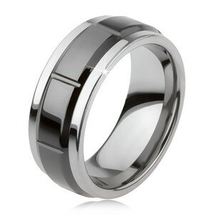 Tungsten gyűrű bemetszésekkel, ezüst szín, fényes, fekete felület - Nagyság: 62
