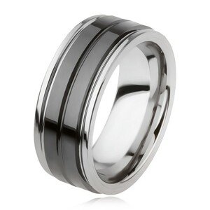 Wolfrám gyűrű, fényes, fekete felülettel és bemetszéssel, ezüst szín - Nagyság: 62