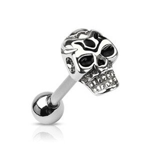Sebészeti acélból készült nyelv piercing - koponya motívum, ezüst színű, patinás