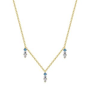 9K yellow gold necklace - blue round and clear rectangular zircons