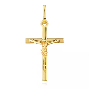 14K sárga arany medál - kereszt keresztre feszített Krisztussal, szögletes vállakkal