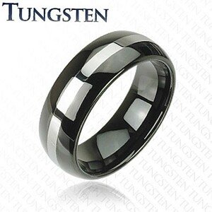 Fekete tungsten karikagyűrű, ezüst színű sáv, lekerekített felszín, 8 mm - Nagyság: 70