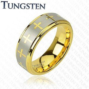 Arany színű tungsten gyűrű, keresztek és ezüst színű sáv, 8 mm - Nagyság: 61