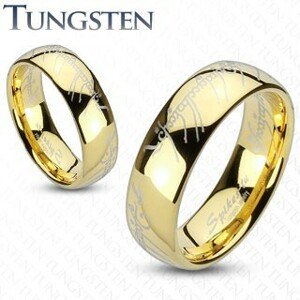 Tungsten karikagyűrű, lekerekített arany színű felszín, Gyűrűk ura motívum, 6 mm - Nagyság: 59