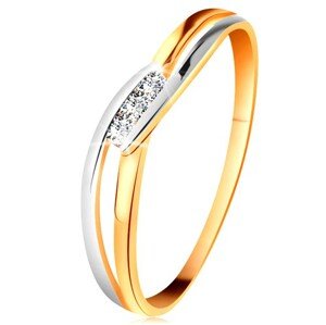 Gyémánt gyűrű 14K aranyból, három átlátszó briliáns, kettéválasztott hullámos szárak - Nagyság: 47