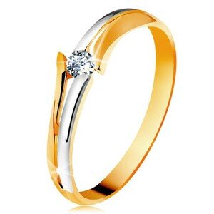 Gyémánt 585 arany gyűrű, csillogó átlátszó briliáns, osztott kétszínű szárak - Nagyság: 49