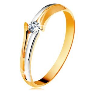 Gyémánt 585 arany gyűrű, csillogó átlátszó briliáns, osztott kétszínű szárak - Nagyság: 47