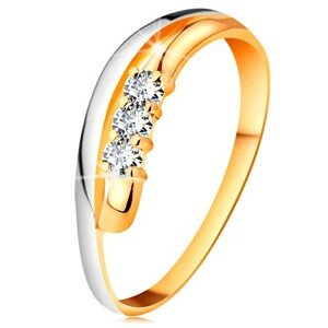 Briliáns gyűrű 18K aranyból, hullámos kétszínű szárak, három átlátszó gyémánt - Nagyság: 51