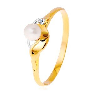 Gyémánt gyűrű 14K aranyból, kétszínű hullámok, átlátszó gyémánt és fehér gyöngy - Nagyság: 64