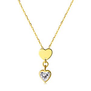 14K sárga arany nyaklánc - fényes szimmetrikus szív és átlátszó cirkónia szív