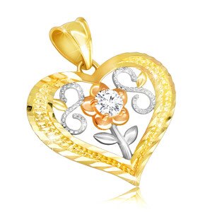 14K sárga arany medál – szimmetrikus szívkörvonal, virág átlátszó cirkóniával, fekvő nyolcas