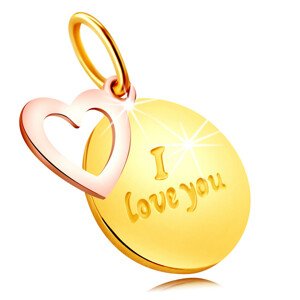 Medál 585 kombinált aranyból – kerek tábla “I love you” felirattal, szívkörvonal