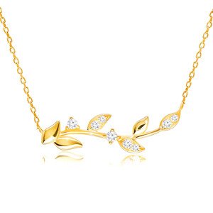 14K sárga arany gyémánt nyaklánc - sima szár  ,briliáns levelekkel