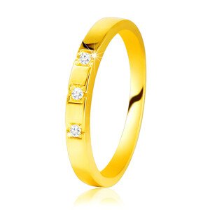 585 Sárgaarany gyémánt gyűrű - fényes váll, három csillogó briliáns - Nagyság: 49