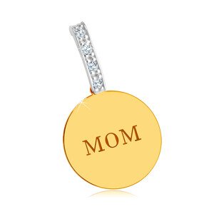 Kombinált 14K arany medál - fényes lapos kör, "MOM" felirat, cirkóniás vonal