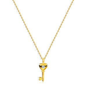 585 sárga arany gyémánt nyaklánc - szív kulcs, kerek briliáns, vékony lánc