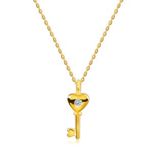 9K sárga arany gyémánt nyaklánc - szív kulcs, kerek briliáns, vékony lánc