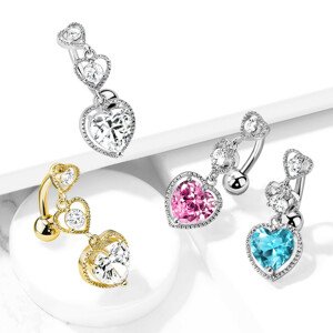 Acél köldök piercing - hármas szív cirkonokkal, különböző színekben - A piercing színe: Ezüst - rózsaszín