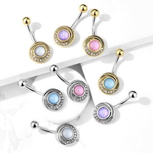 Acél köldök piercing - domború kör, átlátszó kristályokkal és színes epoxi kővel - A piercing színe: Ezüst - rózsaszín