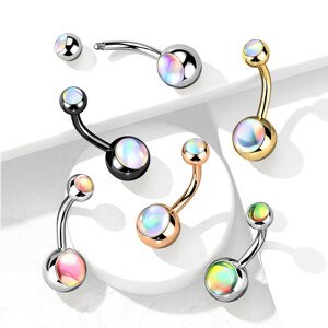 316L acél köldök piercing - gyöngyök szivárványos holdkővel, különböző színekben, PVD technológia - A piercing színe: Ezüst - zöld