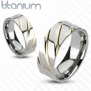 Gyűrű titániumból - ezüst, arany sávok - Nagyság: 64