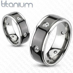 Titánium gyűrű - fekete sáv, cirkóniák - Nagyság: 64