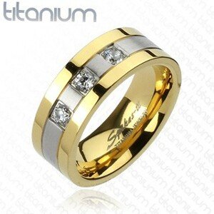Titánium gyűrű - arany - ezüst, három cirkónia - Nagyság: 59