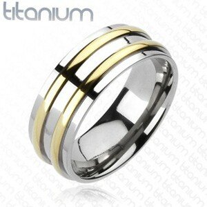 Titánium karikagyűrű - ezüst, két arany sávval - Nagyság: 63