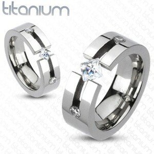 Titánium gyűrű - kivágással, négyszögletes és kör cirkóniák - Nagyság: 60