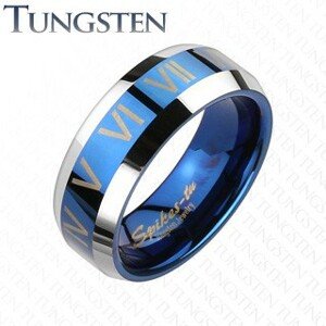Tungsten gyűrű - kék - ezüst, római számok - Nagyság: 63