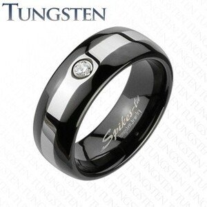 Tungsten fekete gyűrű - ezüst szegély, cirkónia - Nagyság: 60