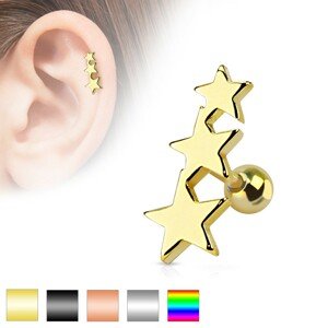 Tragus piercing sebészeti acélból - három összekötött csillag, golyó, különböző színek - A piercing színe: Arany